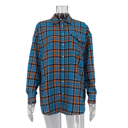 Women Clothing Autumn Winter Retro Loose Plaid Shacket Collared Long Sleeve Shirt