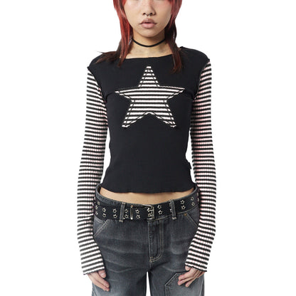 Camiseta de manga larga con costuras a rayas y estrellas bordadas para mujer, estilo informal, con estrellas de cinco puntas