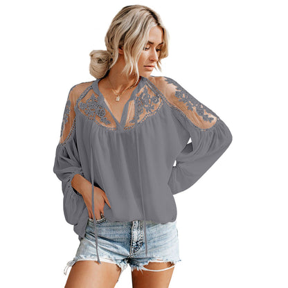 Sexy See-through V-neck Lace Shirt Chiffon Shirt Delivery