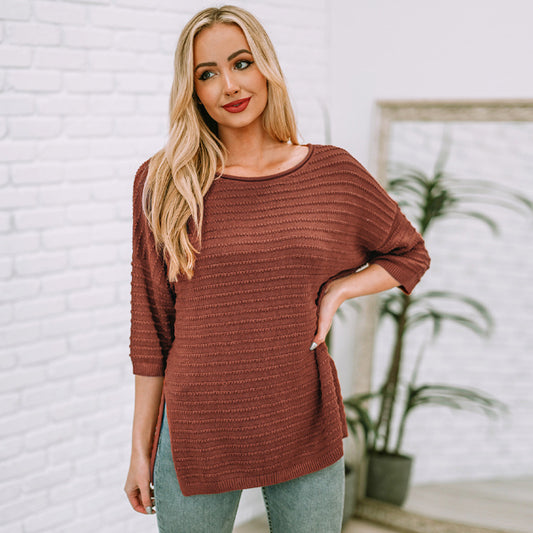 Einfarbiges Woll-Jacquard-T-Shirt für Damen Frühling Sommer Lockerer Rundhalsausschnitt Schulterfreier Lazy Pullover für Damen