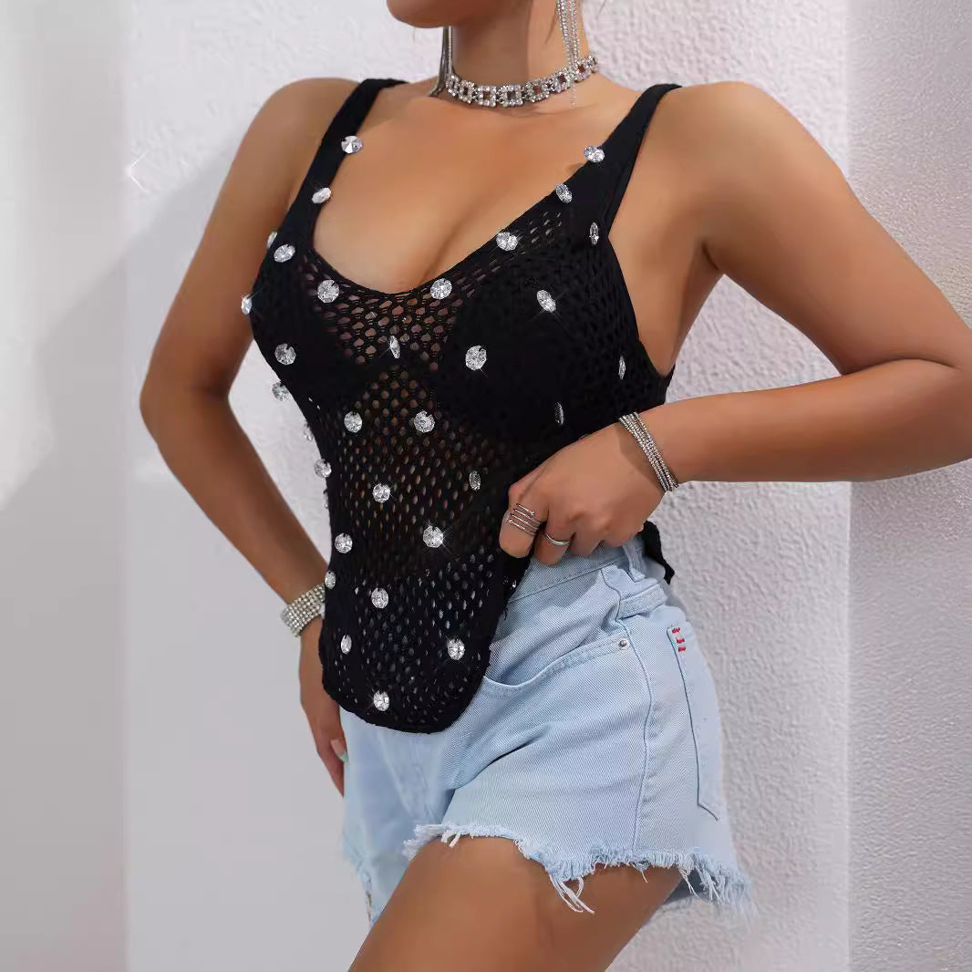 Knitted Hollow Out Cutout Vest Blouse Beach Vacation Bikini Cover Up Short Camisole Sun Protection Vest