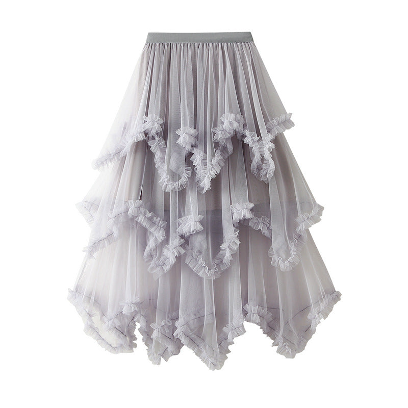 Falda escalonada de malla asimétrica Irregular con orejas de madera, longitud media, cintura alta, gran oscilación, vestido de gasa de hada hinchada, falda larga