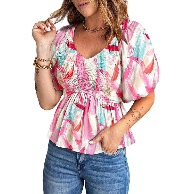 Camisa de gasa bohemia de verano para mujer, jersey con estampado Floral adelgazante en la cintura para mujer