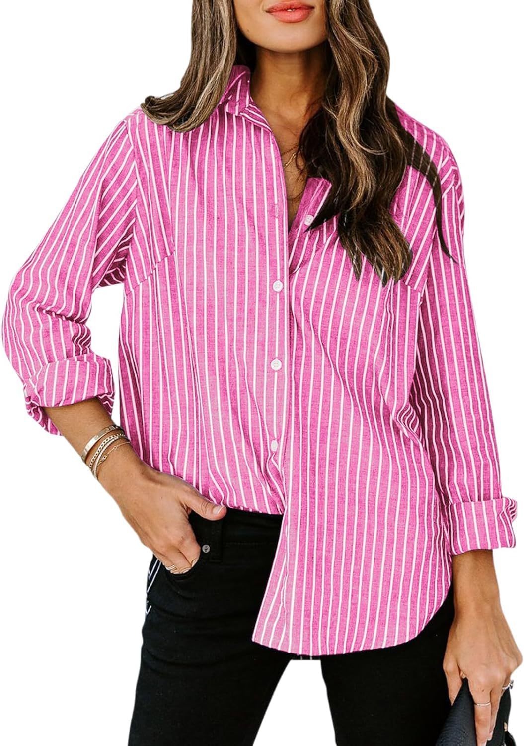 Ropa de mujer Camisa informal de manga larga a rayas con botones para mujer