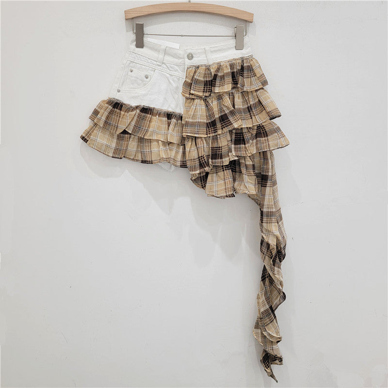 Sexy Denim Short Stitching All Match Irregular Asymmetric Tiered Dress Chiffon Skirt Women