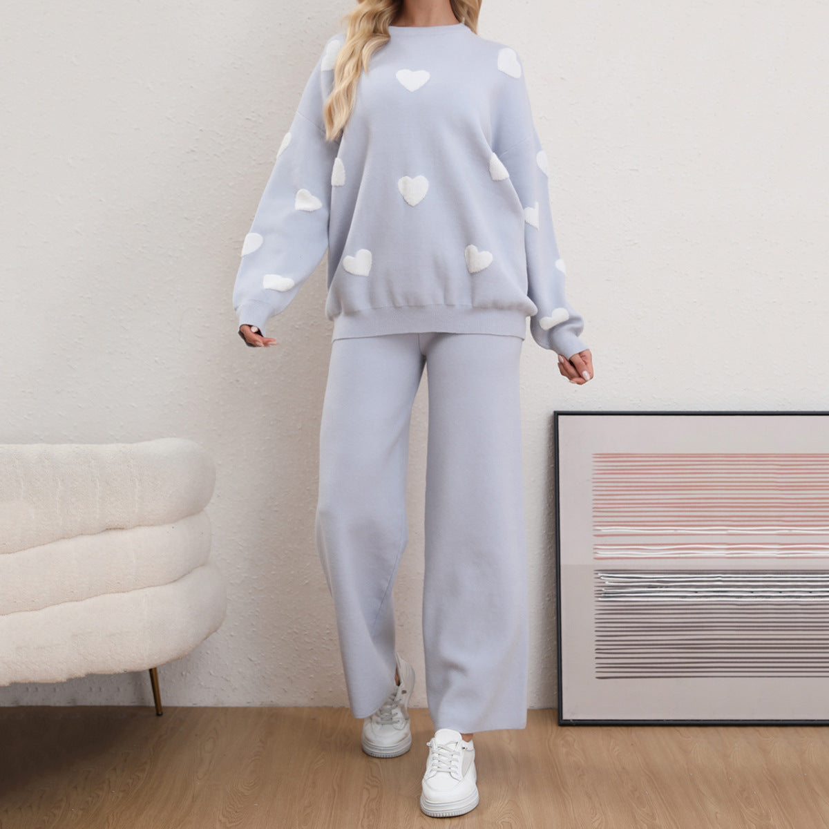 Frauen Kleidung Einfarbig Liebe Süße Casual Pullover Pullover Pullover Strickhose Zwei Stück Set