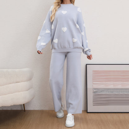 Women Clothing Solid Color Love Sweet Casual Sweater Sweater Pullover Knitted Trousers Two Piece Set