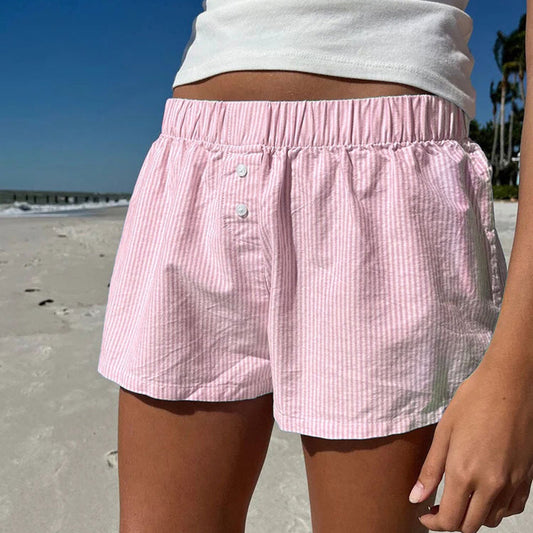 Urlaub Einfache Blau Gestreifte Strand Shorts Frauen Lose Elastische Taille Sport Hause Frauen Casual Hosen