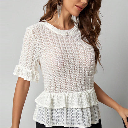 Middle East White Ruffled round Neck Short Sleeve Hollow Out Cutout Sun-Protective Clothing Knitted T Shirt Short Top