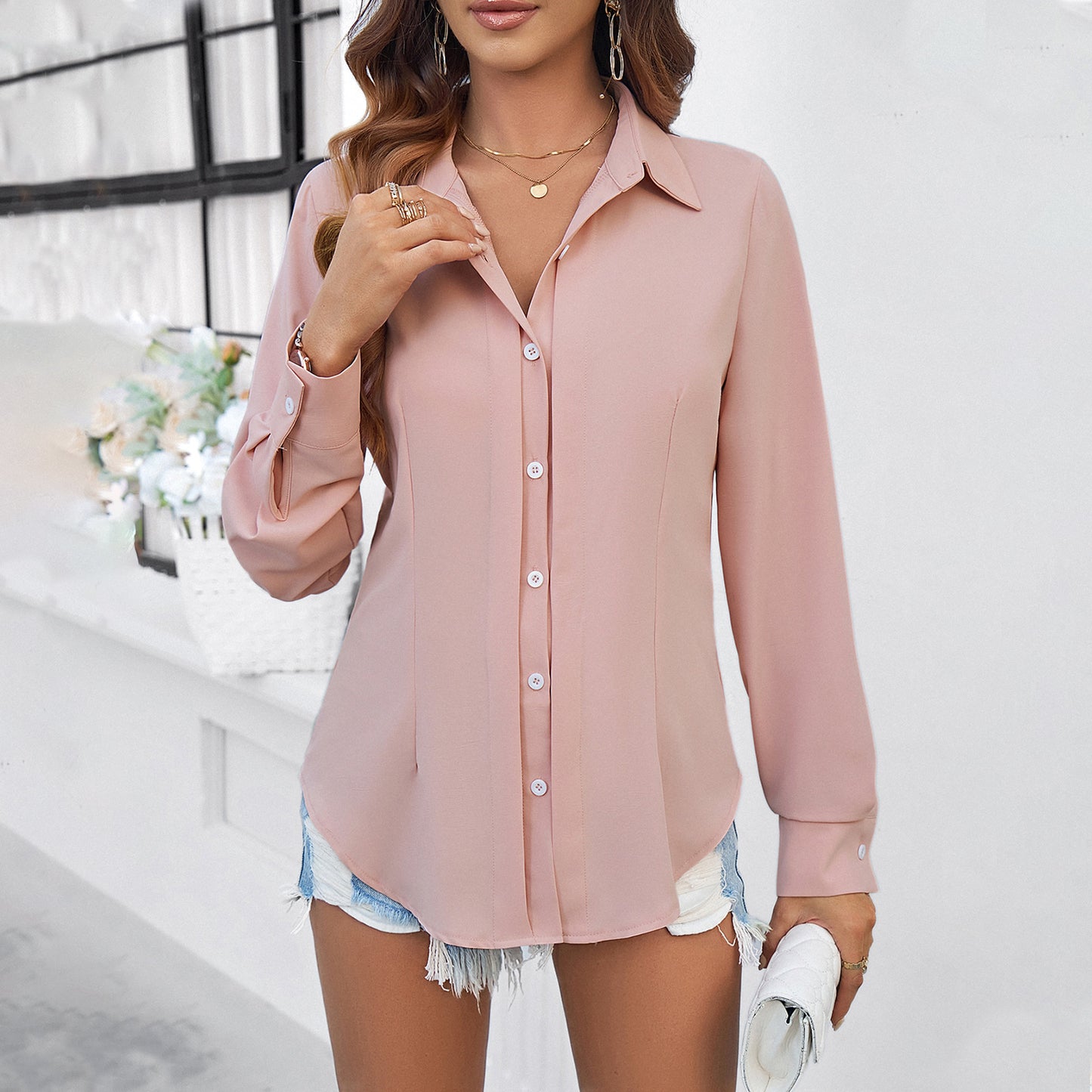 Women Clothing Chic Spring Summer Office Solid Color Long Sleeve Shirt