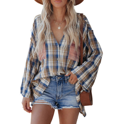 Plaid Shirt Autumn Winter New Ladies Loose And Collared Long Sleeve Blouse