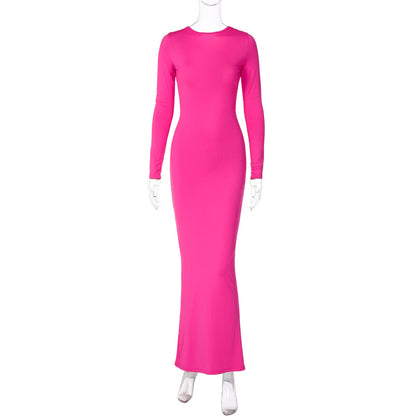 Frauen Kleidung Sommer Sexy V-Ausschnitt Schlank Plissee Feste Farbe Langarm Kleid