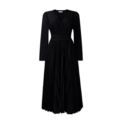 Elegantes Kleid mit V-Ausschnitt, Taillenbesatz, Schnürung, Plissee und hoher Taille