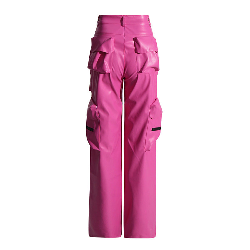 Tooling High Waist Trousers Autumn Stitching Faux Leather Multi Pocket Long Zipper Tooling Leather Pants