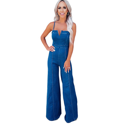 Summer Solid Color Denim Jumpsuit Women Personalized Spaghetti Strap High Waist Straight Leg Pants