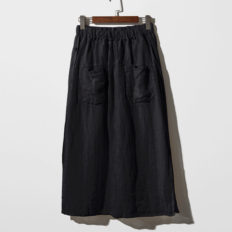 Culottes aus reinem Leinen mit weitem Bein, Frühlings-/Sommer-Design, Doppeltasche, elastische Taille, eleganter großer Rock