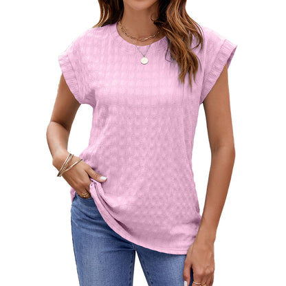 Frühling Sommer Einfarbig Jacquard Locker Sitzende rundhals Kurzarm T-shirt Top Frauen