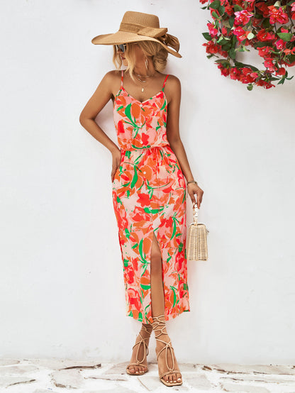 Popular Spaghetti Strap Floral Print Split Dress