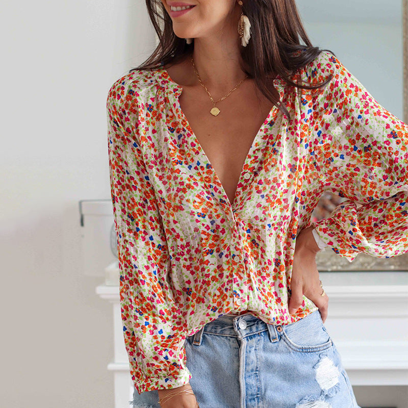 Shiying Floral Print Low V-neck Pullover Shirt Women Spring Autumn Loose Long Sleeve Bohemian Shirt