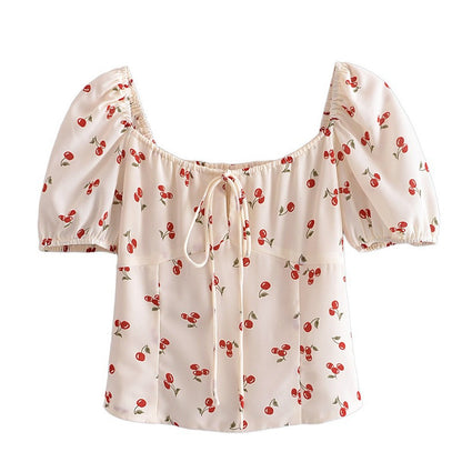 Summer Women Clothing Cherry Printed Sexy Square Collar Slimming Lace-up Short Sleeve Top