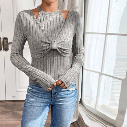 Ropa de mujer Camiseta sencilla y elegante Otoño Invierno Falso Dos Piezas Elegante Halter Top de Manga Larga