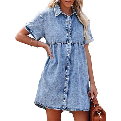 Washed Denim Collared Loose Sweet Lotus Leaf Dress Short Dress