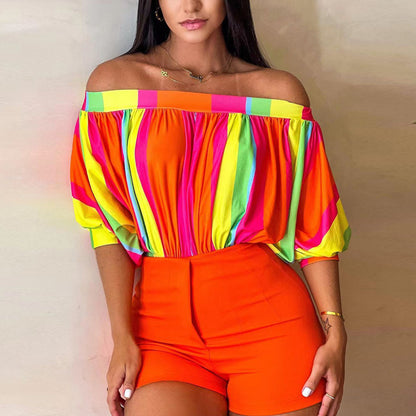 Summer Women off Shoulder off Neck Loose Top Batwing Sleeve Short Sleeve Top