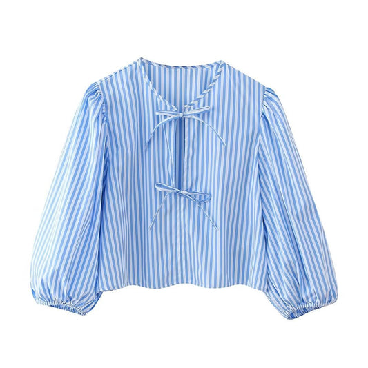 Women Bowknot Decoration Poplin Shirt