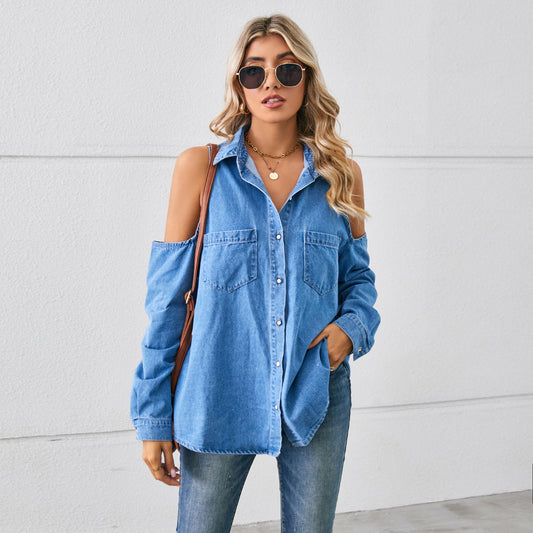 Sexy Casual Washed Off the Shoulder Hollow Out Cutout Denim Langarmshirt Top Damen