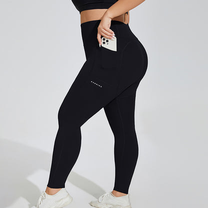 Pantalones deportivos de talla grande con bolsillo para mujer, pantalones deportivos con estampado de letras color melocotón, mallas elásticas de cintura alta para correr y levantar la cadera, pantalones de Yoga para mujer