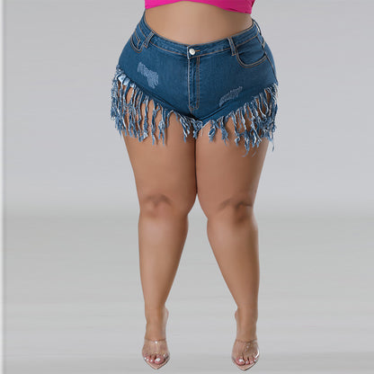 Plus Size Women Clothing Denim Tassel Fit Shorts