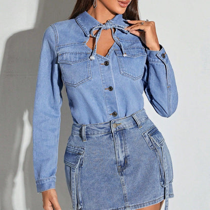 Women Clothing Retro Collar Hollow Out Cutout out Tied Denim Coat