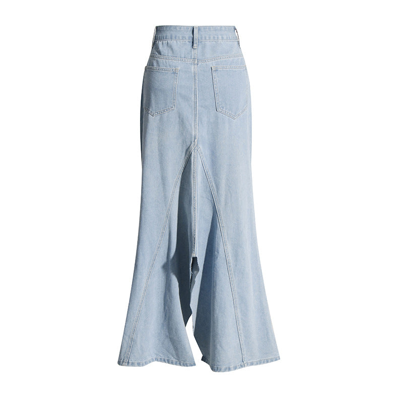 Retro-Jeansrock für Damen, Herbstdesign, hohe Taille, umgekehrter Schlitz, A-Linien-Rock