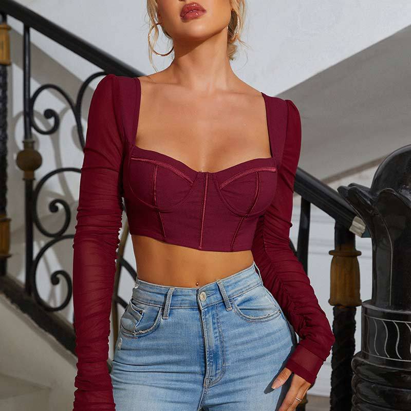 Ropa de mujer Malla de manga larga con cuello cuadrado Bandeau sexy recortada Top pequeño multicolor para mujer