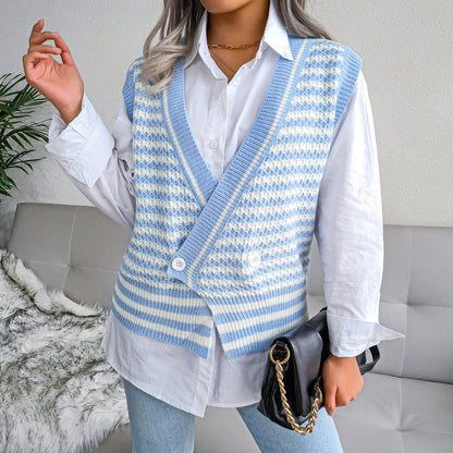 Stripe College Knitted Vest Sweater Women Clothing