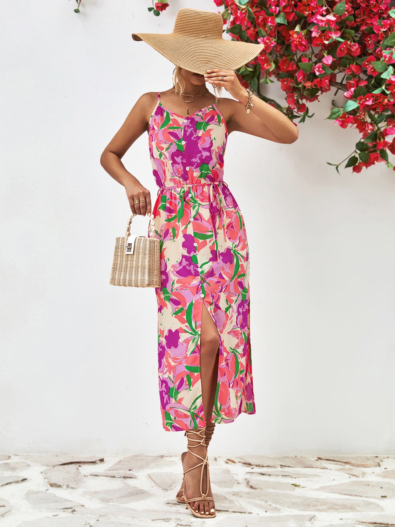 Popular Spaghetti Strap Floral Print Split Dress