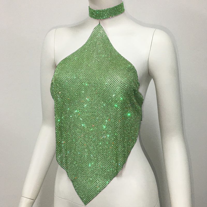 Ropa de mujer con cuello Halter y tirantes finos, ropa Sexy para discoteca, Top asimétrico Irregular con diamantes de imitación de Metal