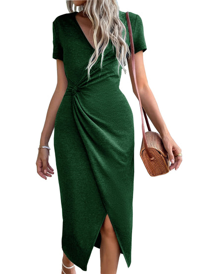 Women Clothing V-neck Knot Split Waist Fitted Elegant Knitted Solid Color Midi Dress