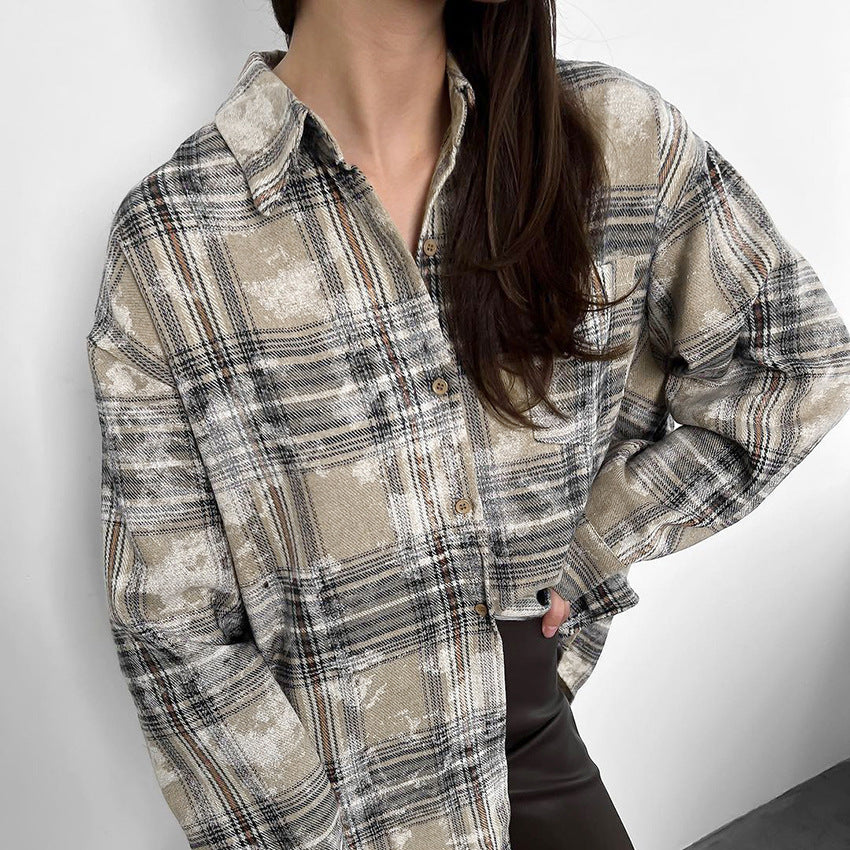 Spring Mid Length Cotton Niche Design Plaid Long Sleeve Shirt Shirt Women Clothing