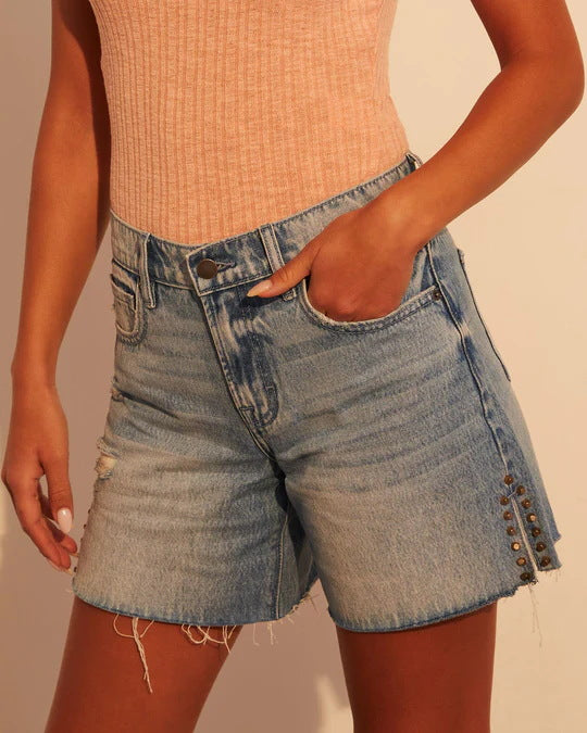 Retro High Waist Side A Linie Denim Shorts Frauen Schlankheits dekorative Hose für Mädchen