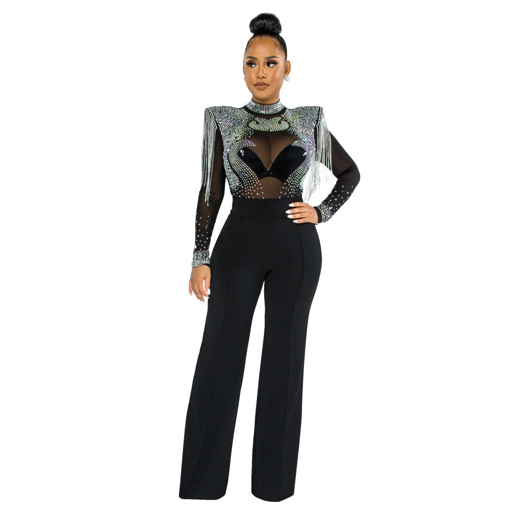 Sexy Casual Slim Fit Turtleneck See Through Rhinestone Tassel Jumpsuit Women