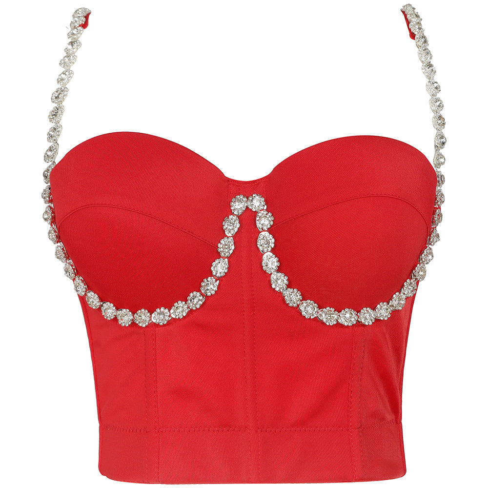 Verano Diamante Incrustado Correa De Hombro Envuelto Pecho Sexy Sin Espalda Camisola Francesa Mujeres Exterior Push Up Deshuesado Corsé Deshuesado Corset Bra