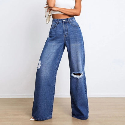 Women Clothing Jeans High Waist Loose Hole Slimming Wide Leg Pants