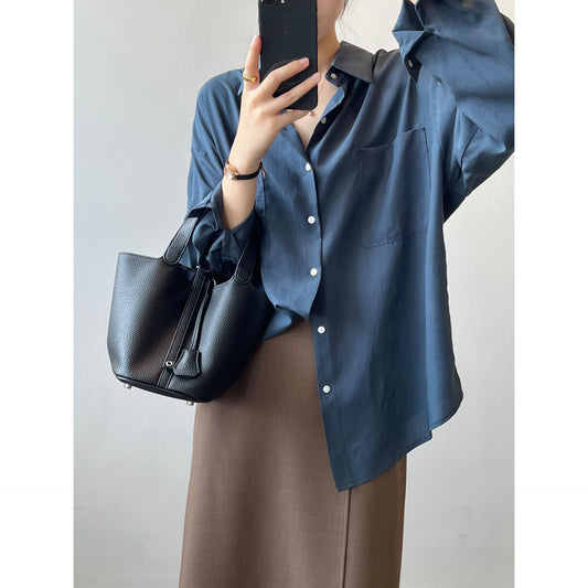 Tencel Shirt Women Autumn Korean Long Sleeve Retro Design Loose Lapels Shirt