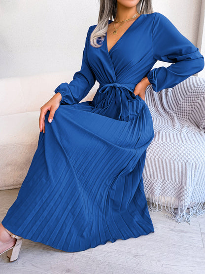 Popular Spring Summer Elegant Cross V neck Swing Pleated Dress Women Clothing