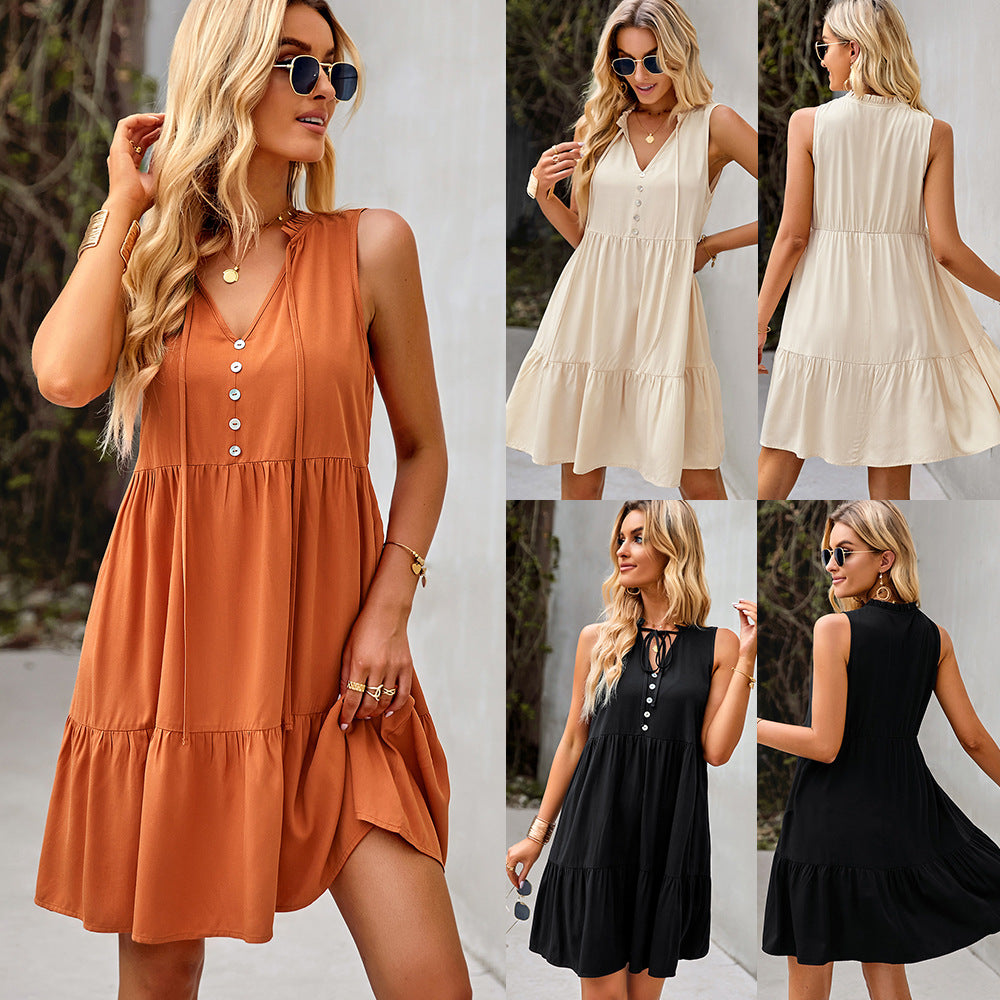 Women Clothing Dress Summer New Solid Color A- line Casual Tiered Babydoll Dress
