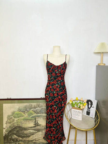 Vestido retro con tirantes florales y rosas, vestido de vacaciones junto al mar francés con cola de pez para mujer