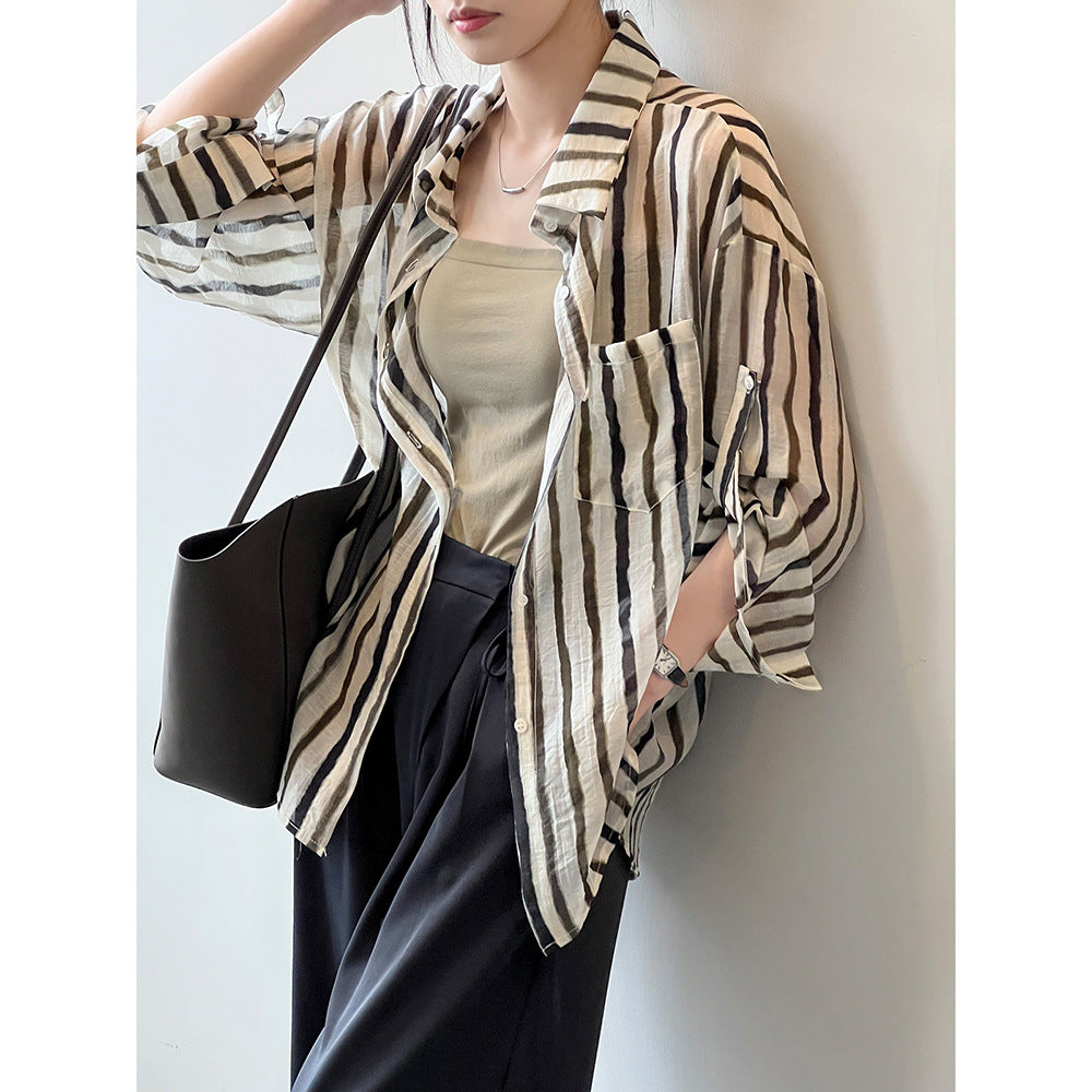 Thin Vintage Striped Shirt Women Summer Loose Stylish Long Sleeves Cardigan Shirt