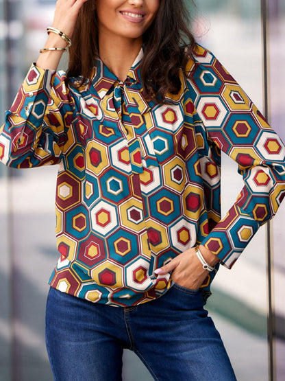 Shirt Spring Autumn Long Sleeve Loose Elegant Printed Bow Pullover Shirt for Women