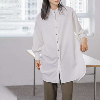 Real Shot Japanese Korean Spring Women Shirt Loose Solid Color Split Mid Length Lantern Sleeve Shirt Women